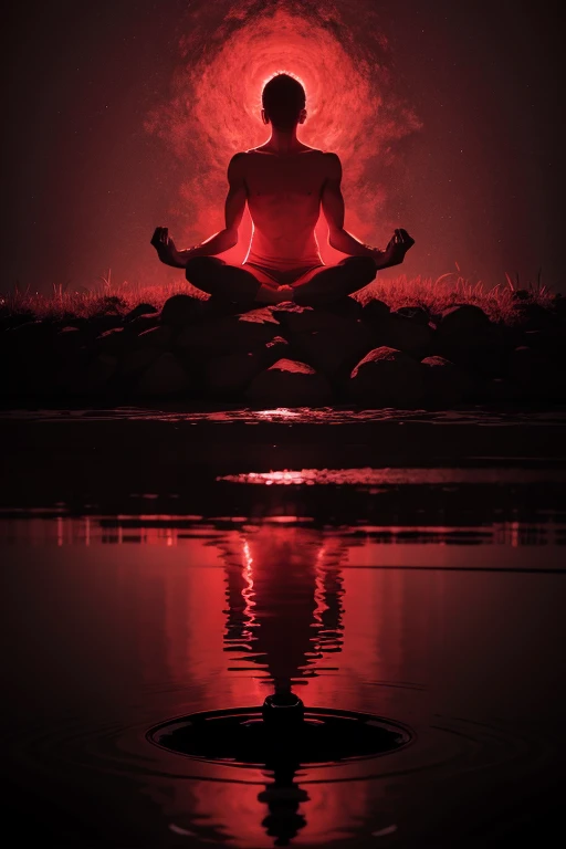a man meditating, expanding consciousness, reflecting, Dark red and gray tones, animation, drawning