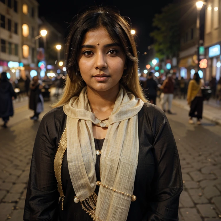 (((desi girl))), chubby face, natural skin, wearing hot deep neck top and (light different color ) dupatta, charming black hair, ((hair ends are blonde)), city streets background, bokeh, different poses, sexy look, realism, ultra-detailed, 