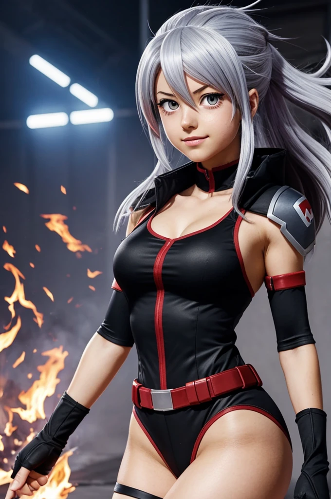 Boko no hero academia comics panel of a female. she has Red at the rigth, Black at the left and white hair, Hair length is medium and Dark purple eyes. she is a hero, she is wearing her Hero costume, her height is 5'7 (169cm). quirk is Element, she can control the four main elements, Fire. Water. Air. Earth. She's at the sports festival