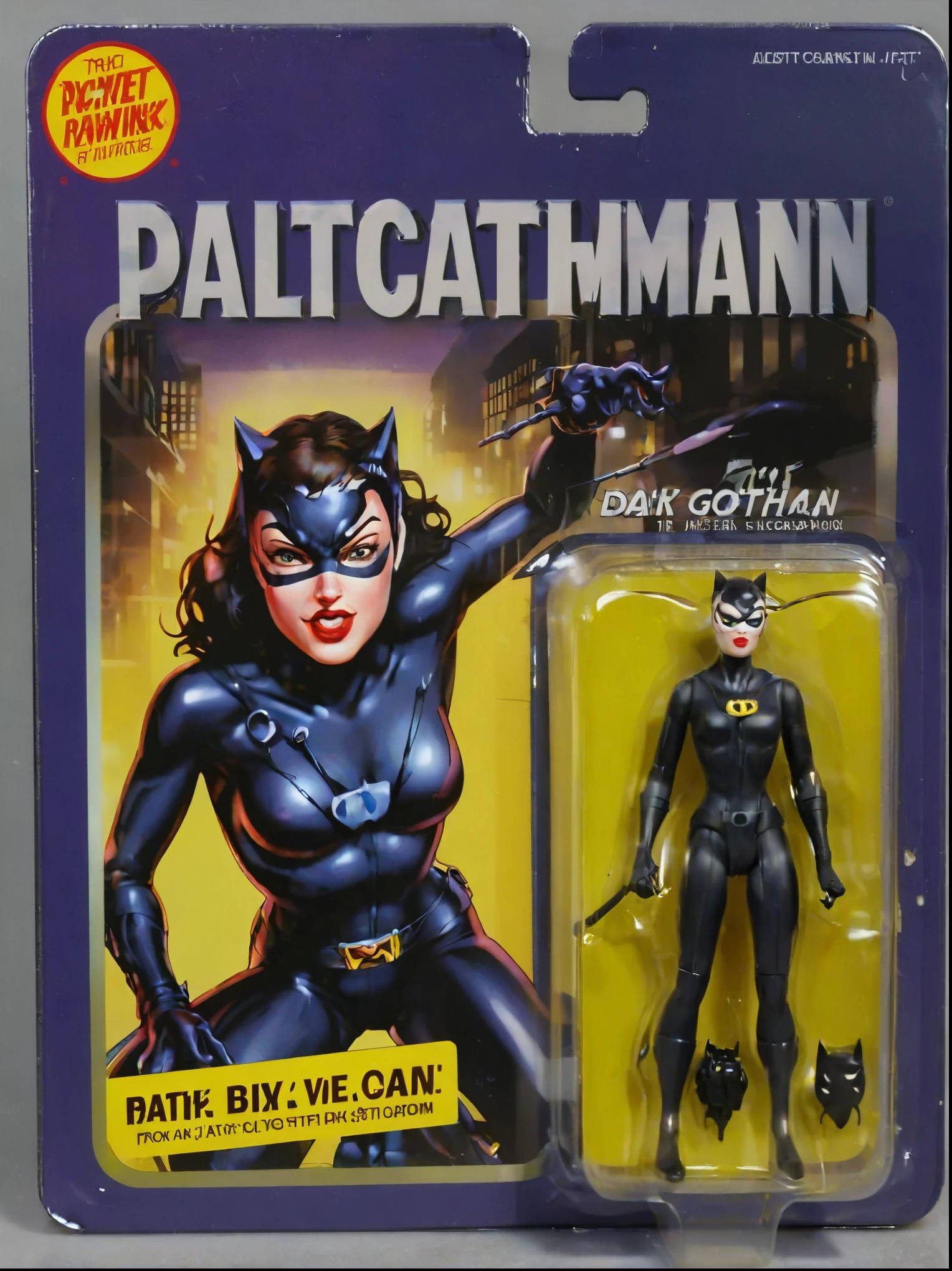A Catwoman action figure, detailed and lifelike, enclosed in a plastic box, The packaging background depicts catwoman and dark gotham city,