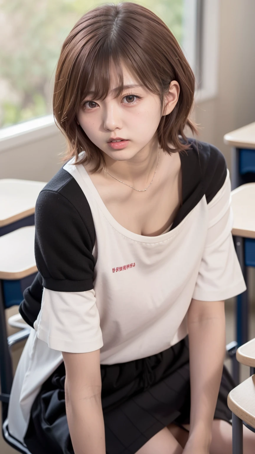 8K quality、High resolution、Beautiful fair skin texture、High resolutionの瞳、Japanese high school girls、Summer uniform、Open-neck short-sleeved white shirt、Cleavage、mini skirt、Brown Princess Hair、、Small breasts、Sweat accumulates in the chest、classroom