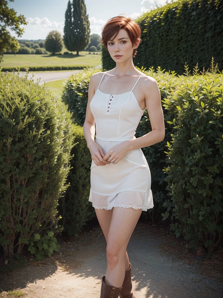 slim feminine figure, redhead, freckles, best quality, realistic skin texture, photography, detailed facial features, film grain texture and high contrast, extremely high-resolution details, photographic, photorealistic, hyper-realistic, HDR, masterpiece, ((short hair)), thin waist, thin hips, standing in front of a hedge, wearing a small dark purple summer dress with blondes, white cowboy boots, standing on one leg, the other leg lifted behind her