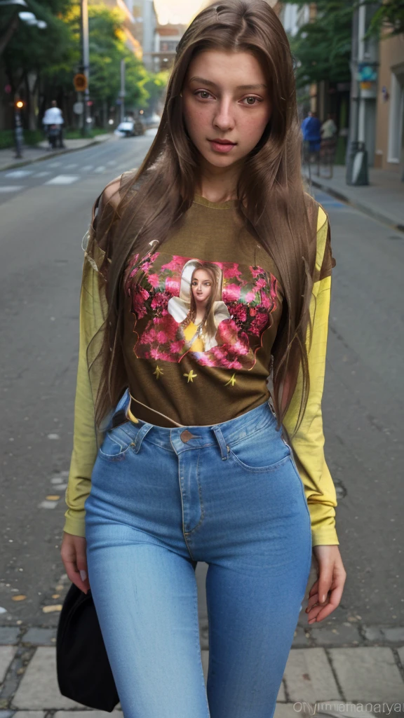 a beautiful girl with long brown hair, t-shirt, jeans, standing on a street corner, MelenaMariaRya, MaryaRya, highly detailed, 8k, award winning, masterpiece, best quality