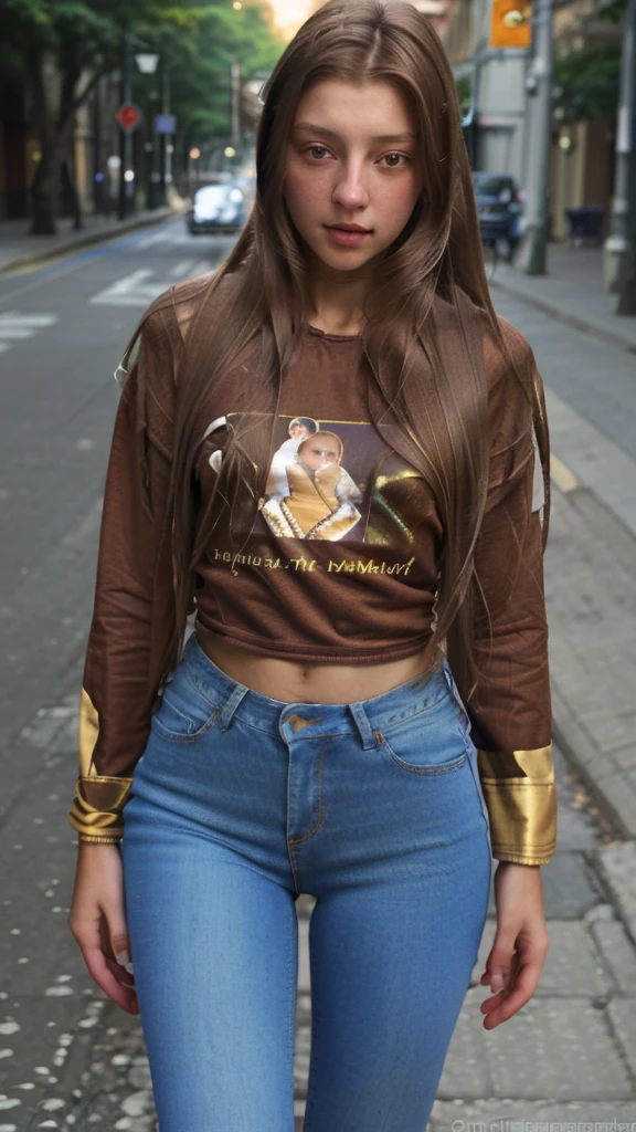 a beautiful girl with long brown hair, t-shirt, jeans, standing on a street corner, MelenaMariaRya, MaryaRya, highly detailed, 8k, award winning, masterpiece, best quality