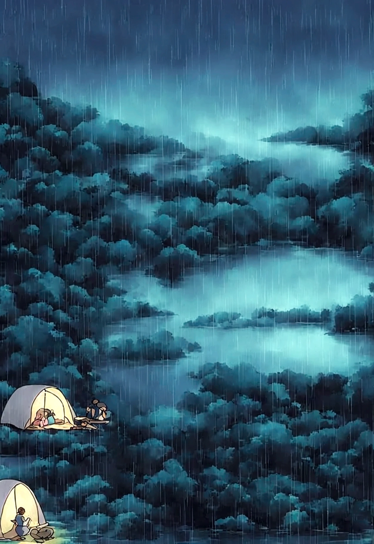 Create a vibrant and detailed image in the style of Studio Ghibli, inspired by "Princess Mononoke." The scene is set inside a cozy tent at night, with rain softly pattering against the tent's surface. The focus of the image should be a large, close-up view of a miniature dachshund's face, showing a calm and chill expression. Alongside the dachshund, include a woman with a serene demeanor, perhaps sitting or lying next to the dog, enjoying the peaceful atmosphere. Outside the tent, the view extends to a tranquil lake, with the rain creating gentle ripples on its surface. The colors should be rich and vivid, capturing the magical and serene essence of the night. The surrounding nature should be lush and detailed, evoking the enchanting landscapes from "Princess Mononoke." The overall composition should create a harmonious blend of the cozy, rain-soaked tent, the miniature dachshund's serene face, the woman's calm presence, and the picturesque, tranquil lake at night.