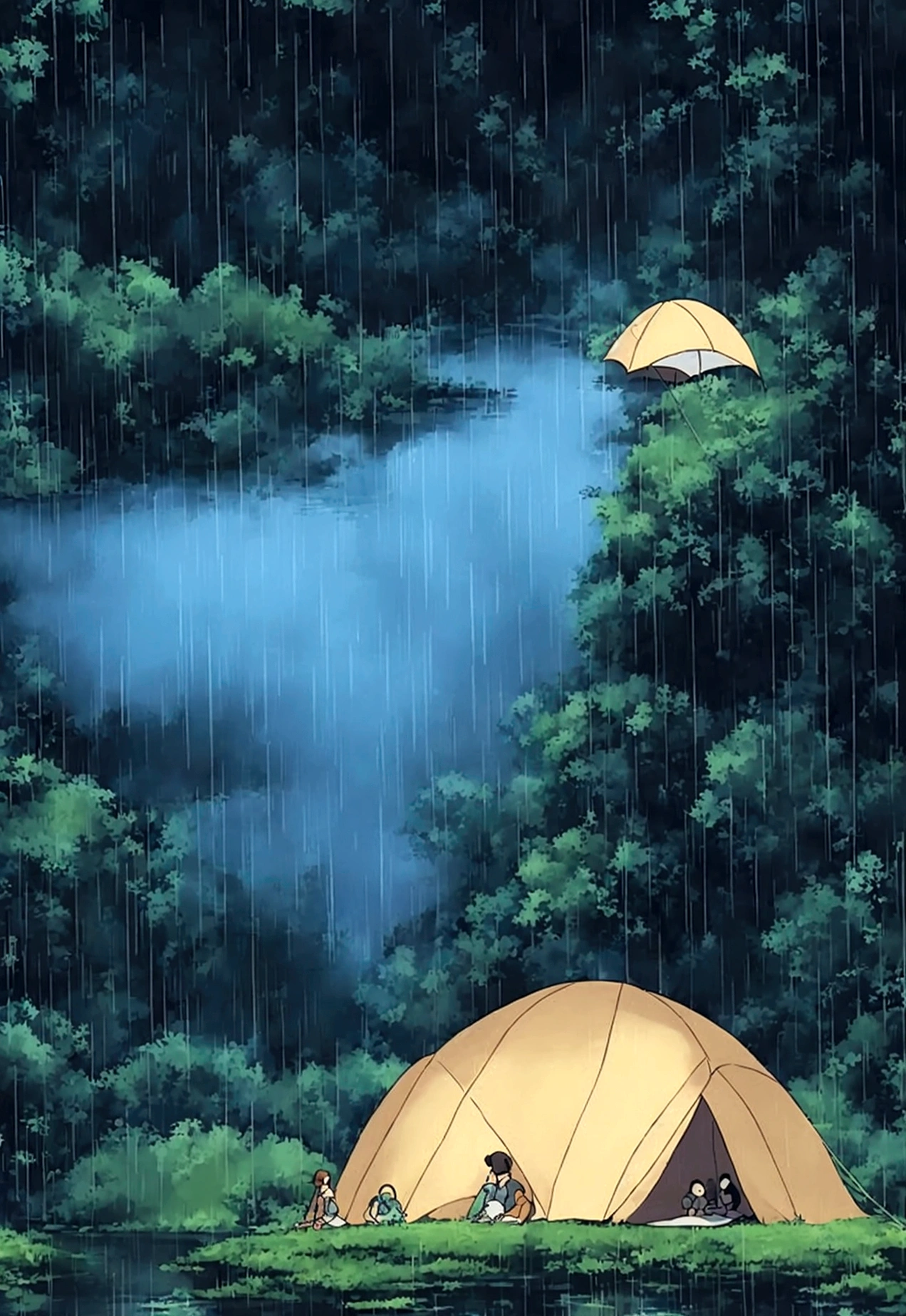 Create a vibrant and detailed image in the style of Studio Ghibli, inspired by "Princess Mononoke." The scene is set inside a cozy tent at night, with rain softly pattering against the tent's surface. The focus of the image should be a large, close-up view of a miniature dachshund's face, showing a calm and chill expression. Alongside the dachshund, include a woman with a serene demeanor, perhaps sitting or lying next to the dog, enjoying the peaceful atmosphere. Outside the tent, the view extends to a tranquil lake, with the rain creating gentle ripples on its surface. The colors should be rich and vivid, capturing the magical and serene essence of the night. The surrounding nature should be lush and detailed, evoking the enchanting landscapes from "Princess Mononoke." The overall composition should create a harmonious blend of the cozy, rain-soaked tent, the miniature dachshund's serene face, the woman's calm presence, and the picturesque, tranquil lake at night.