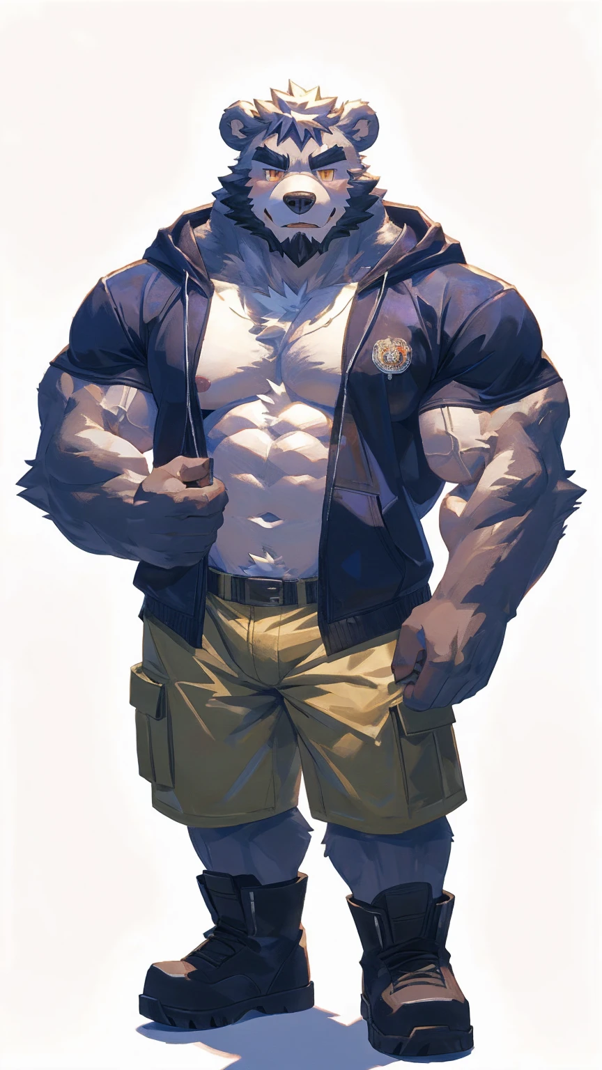 (masterpiece:1.2), best quality,pixiv,official art,perfect anatomy, (Ray tracing, light),solo, (1_male:1.3) , (muscle), (grey fur:1.4), (muscle bear), (beard:1.2), (gleaming golden eyes), bear tail, Thick eyebrows, open hoodie, (naked inside:1.2), cargo shorts, (short boots:1.2), (pure white background: 1.3)