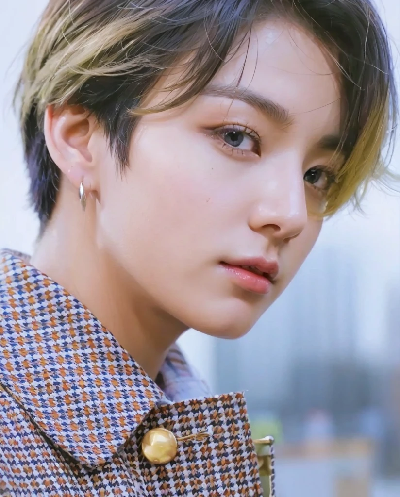 Kpop boy, Jeon Jungkook, smooth skin, big eyes, beautiful lips. 