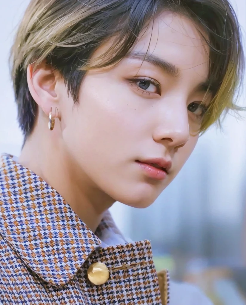 Kpop boy, Jeon Jungkook, smooth skin, big eyes, beautiful lips. 