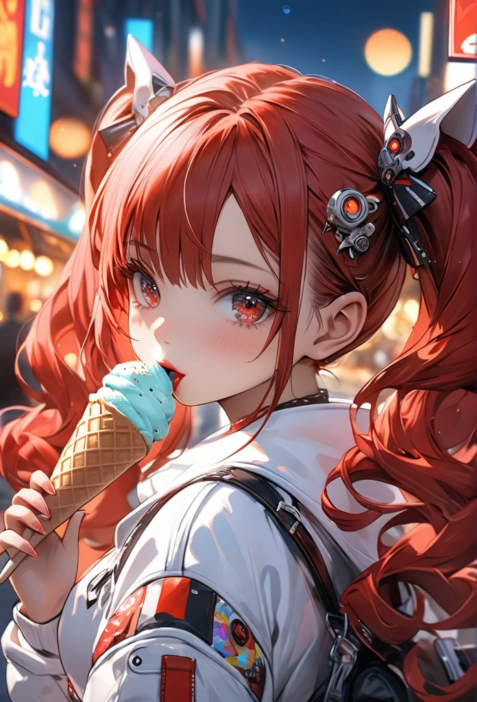 1girl, robot girl, red hair, twin tails, red eyes, detailed facial features, beautiful detailed eyes, beautiful detailed lips, extremely detailed face, long eyelashes, cute red and white outfit, eating ice cream, ice cream around mouth, cowboy shot,high quality, 4k, 8k, highres, masterpiece:1.2, HDR, UHD, studio lighting, ultra-fine painting, sharp focus, physically-based rendering, extreme detail description, professional, vivid colors, bokeh, detailed cityscape, cute, sweet, colorful、beautiful girl