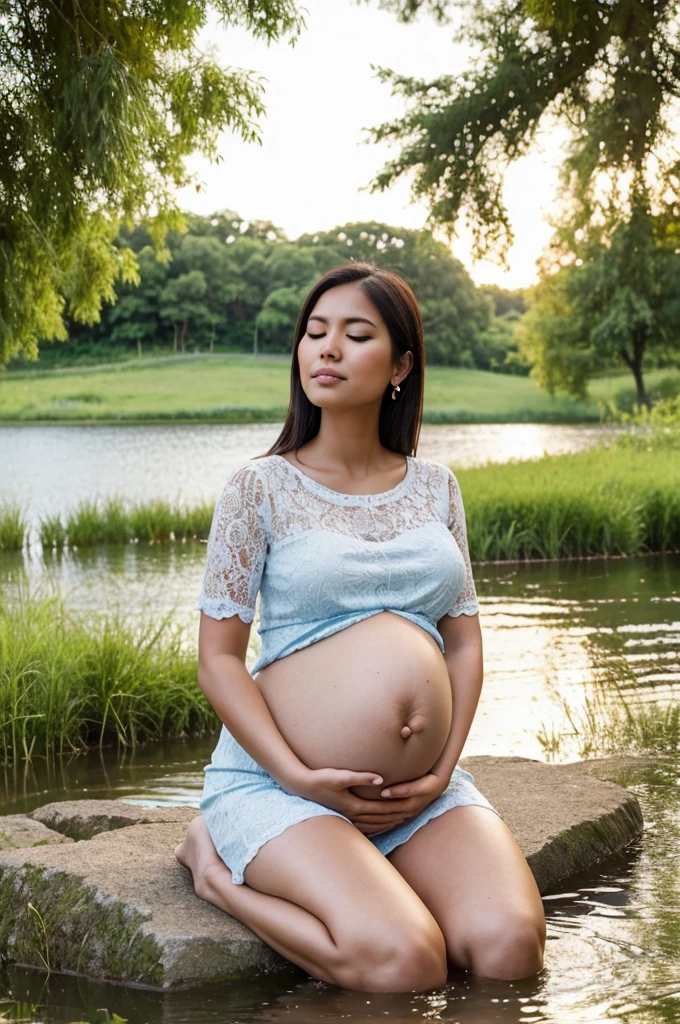 pregnant woman sitting on grass by a river with her eyes closed, sitting at a pond, sitting in front of a lake, maternity feeling, sitting near a river, pregnant belly, at the waterside, pregnancy, cindy avelino, relaxed pose, photoshoot, she is in pure bliss, in a park and next to a lake, at a park, gazing at the water