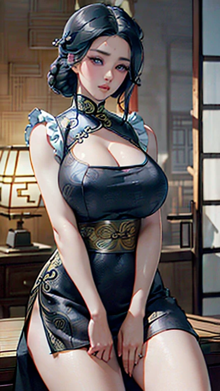 (masterpiece:1.2, best quality),(Practical, photoPractical:1.4),1 female,Mature woman,30 years old,big eyes,Long eyelashes,(thick lips),Black Hair,Feel free to hairstyle,Beautiful skin,Glowing skin,Beautiful female hands,Detailed hand drawing,Beautiful legs,(whole body),rest(cheongsam),(In the background is a Chinese room),(((Background blur:1.5))),(((Hand on))),((Full and soft breasts,)))(((Large ))) (((Cleavage))) 