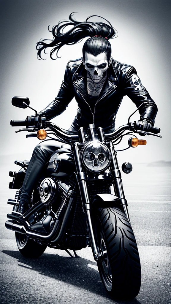 Drawing of a black Harley Davidson motorcycle, being piloted by a man with a skull head. Black and white tattoo design