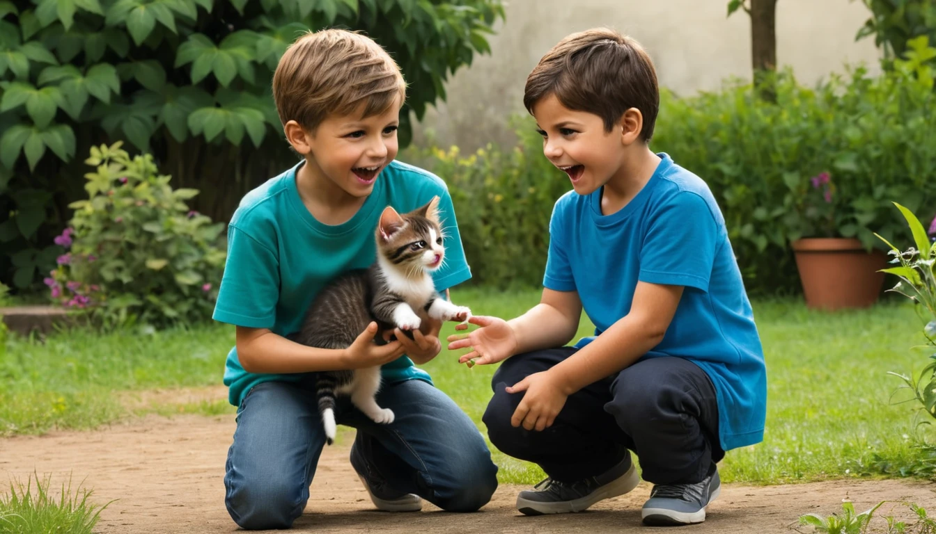 The boy's friend sees the kitten and exclaims, ``It's cute!'' The two are playing with the kitten.