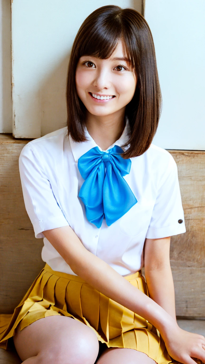 (masterpiece:1.2, Highest quality), (Realistic, photoRealistic:1.4), Beautiful illustrations, (Natural Side Lighting, Cinema Lighting), 
View your viewers, 1 Girl, Japanese, Junior high school girl, 12 years old, Perfect Face, cute and symmetrical face, Shiny skin, thin, 
(Mid-length hair:1.2, Half Up:1.4, Light brown hair), Asymmetrical bangs, Brown eyes, Long eyelashes, (Medium chest:0.7), 
Beautiful Hair, Beautiful Face, Beautiful attention to detail, Beautiful clavicle, Beautiful body, Beautiful breasts, Beautiful thighs, Beautiful feet, Beautiful fingers, 
((Detailed cloth texture, Short sleeve white collar shirt, Blue pleated mini skirt, Blue Bowtie)), 
(Beautiful views), evening, (Riverside), Are standing, (cute, Cute smile, Upward glance),