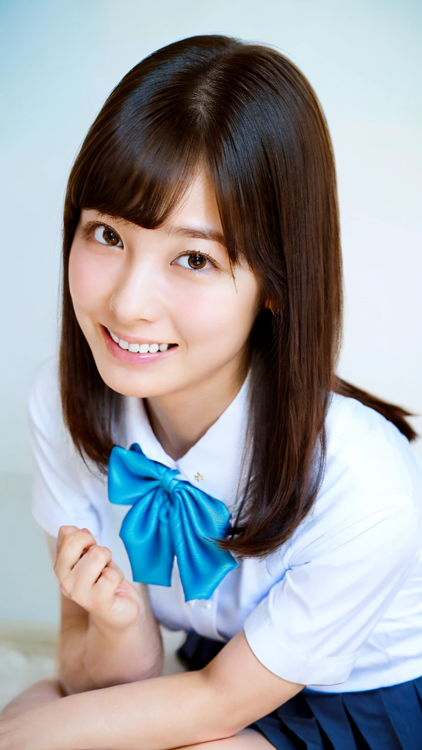 (masterpiece:1.2, Highest quality), (Realistic, photoRealistic:1.4), Beautiful illustrations, (Natural Side Lighting, Cinema Lighting),
View your viewers, 1 Girl, Japanese, Junior high school girl, 12 years old, Perfect Face, cute and symmetrical face, Shiny skin, thin,
(Mid-length hair:1.2, Half Up:1.4, Light brown hair), Asymmetrical bangs, Brown eyes, Long eyelashes, (Medium :0.7),
Beautiful Hair, Beautiful Face, Beautiful attention to detail, Beautiful clavicle, Beautiful body, Beautiful , Beautiful thighs, Beautiful feet, Beautiful fingers,
((Detailed cloth texture, Short sleeve white collar shirt, Blue pleated , Blue Bowtie)),
(Beautiful views), evening, (Riverside), Are standing, (cute, Cute smile, Upward glance),