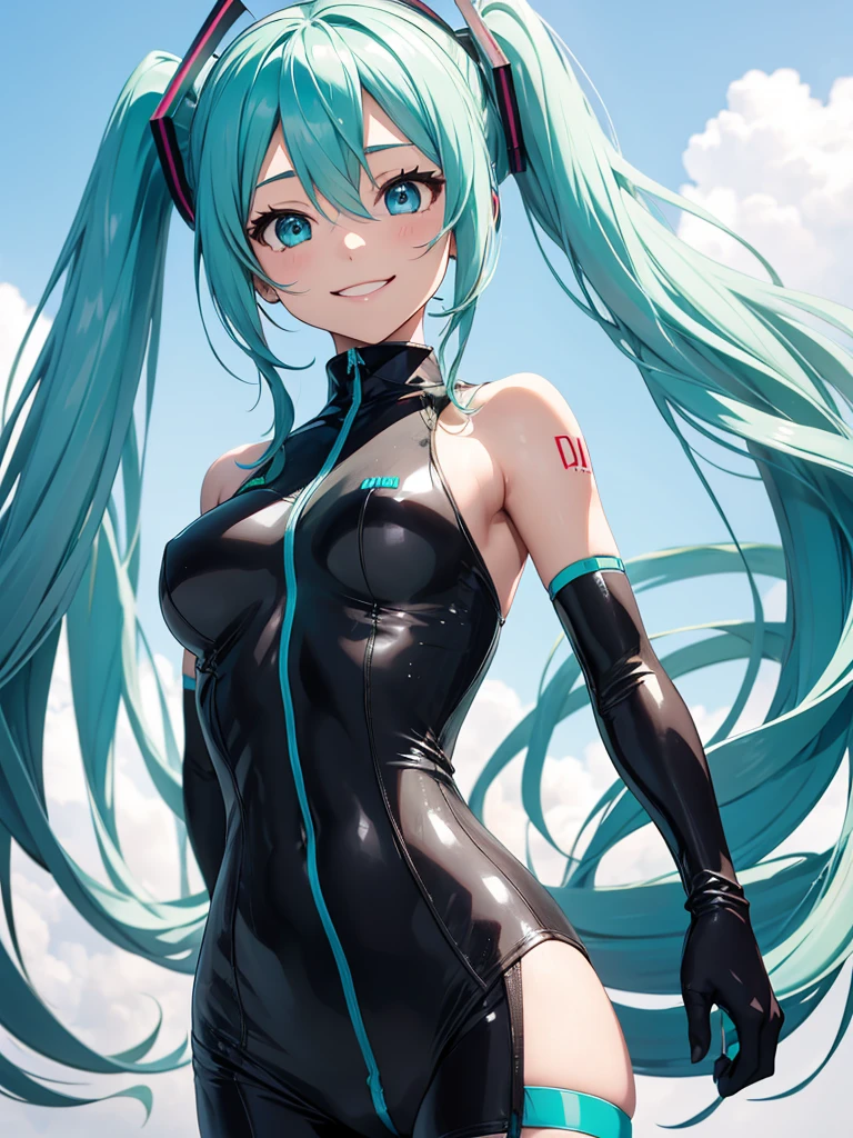 hatsune miku, wearing tight clothes, smiling
