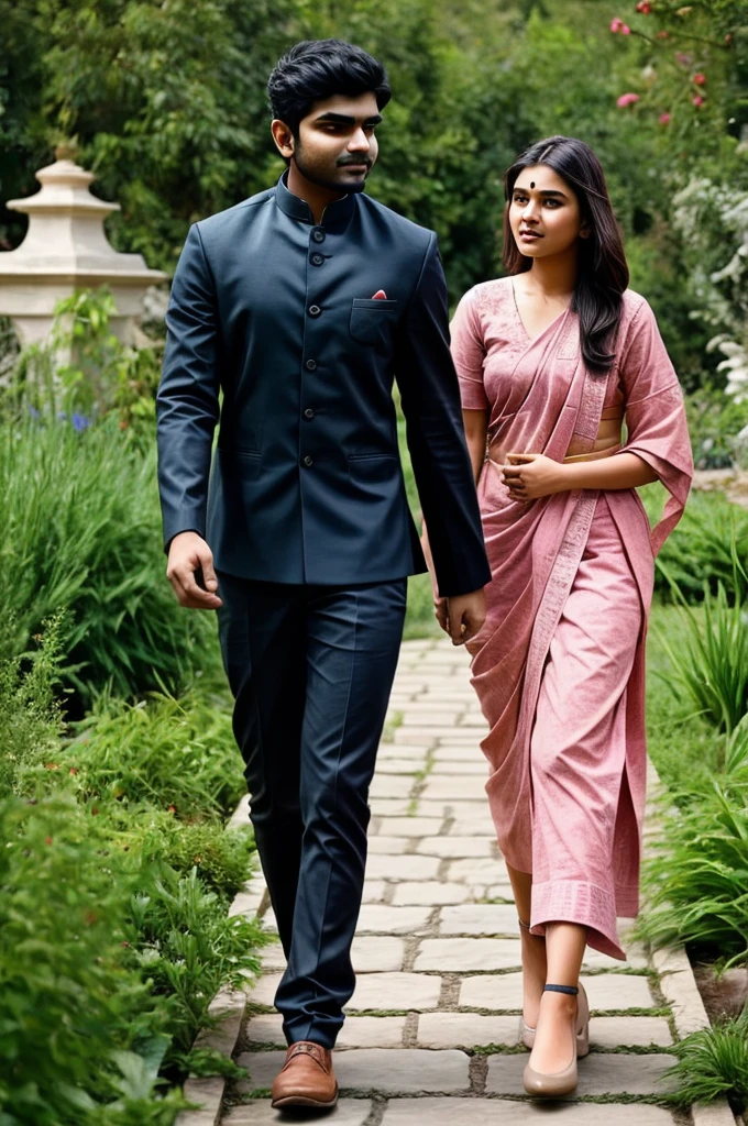 A 25 years old indian man walking in a garden, his girlfriend is seting on a stone