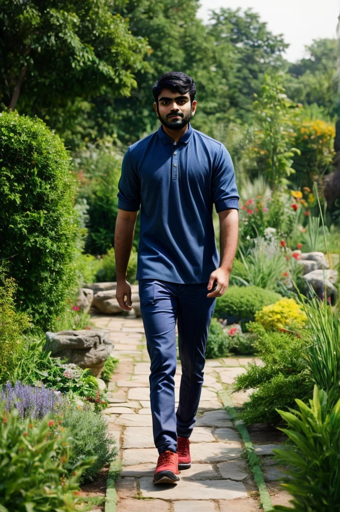 A 25 years old indian man walking in a garden, his girlfriend is seting on a stone