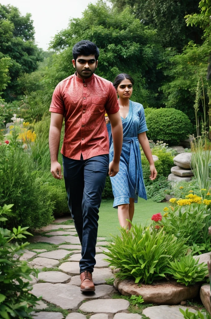 A 25 years old indian man walking in a garden, his girlfriend is seting on a stone