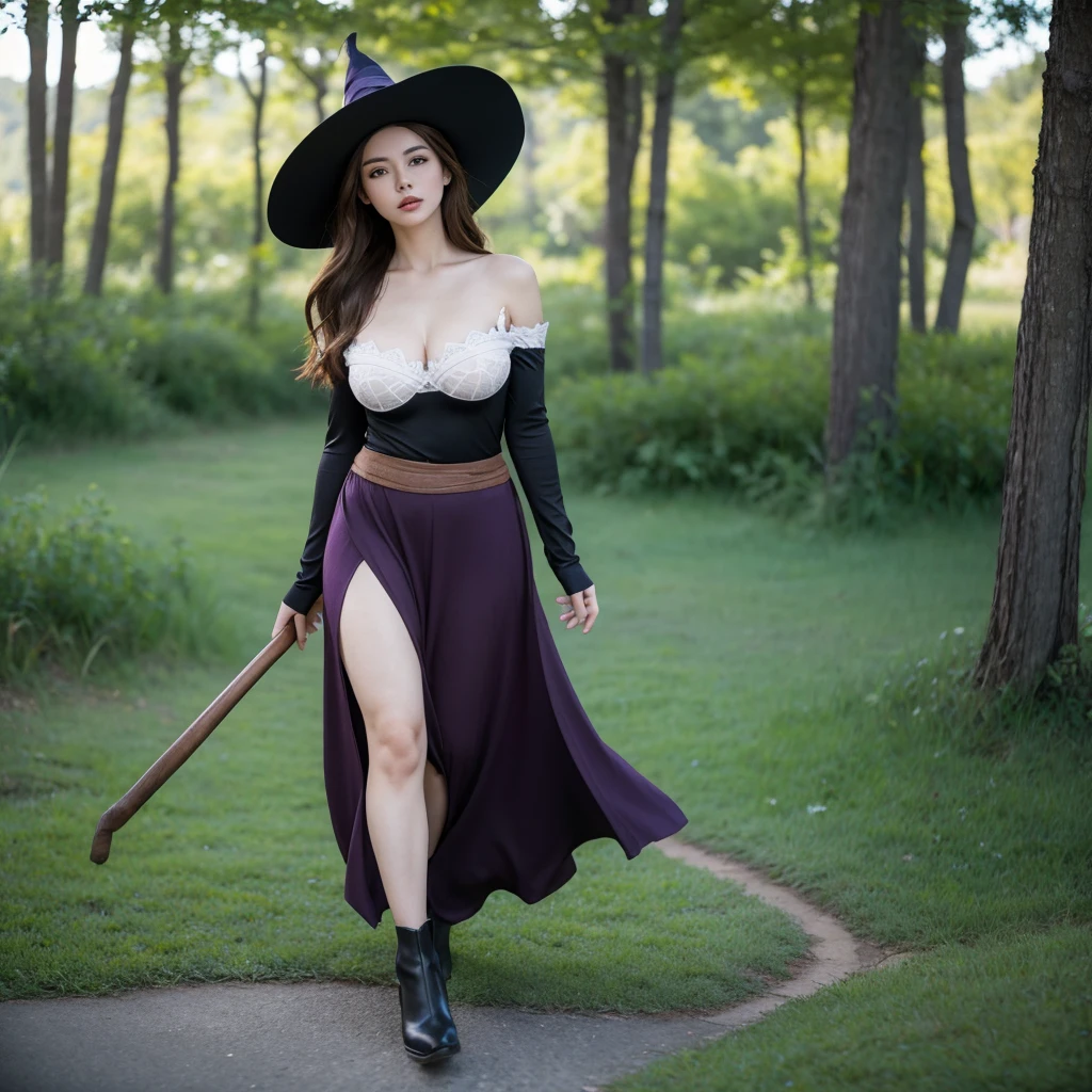 A woman wearing a classic witch's tunic, purple skirt, classic witch's hat, brown hair, long hair, brown eyes, large breasts, exposed shoulder, exposed thigh, voluptuous thigh, black heels, holding a magic staff, walking on a wooden sidewalk. concrete, wide view of a field with grass and some trees, fantasy aesthetics.UHD, masterpiece, accurate, anatomically correct, textured skin, super detail, high quality, best quality, 8k, high resolution, bokeh effect. (woman alone)
