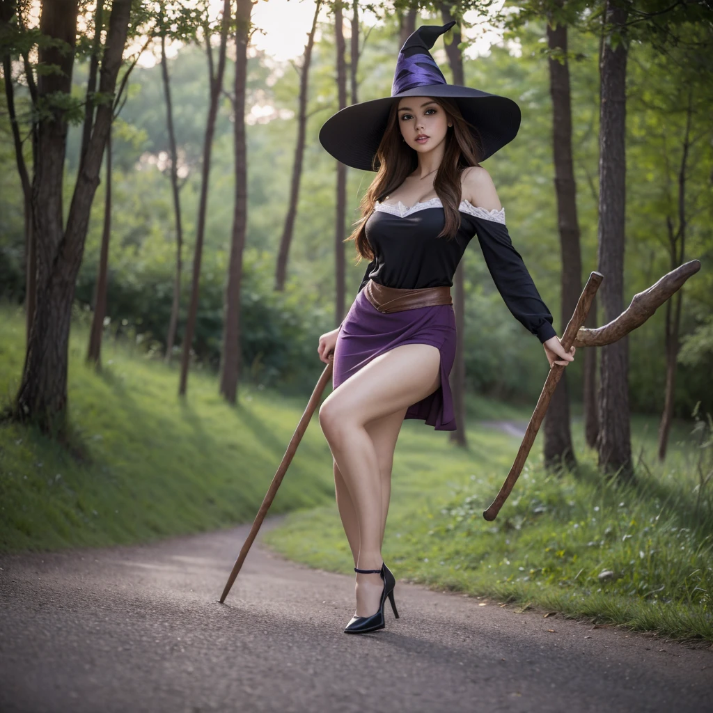 A woman wearing a classic witch's tunic, purple skirt, classic witch's hat, brown hair, long hair, brown eyes, large breasts, exposed shoulder, exposed thigh, voluptuous thigh, black heels, holding a magic staff, walking on a wooden sidewalk. concrete, wide view of a field with grass and some trees, fantasy aesthetics.UHD, masterpiece, accurate, anatomically correct, textured skin, super detail, high quality, best quality, 8k, high resolution, bokeh effect. (woman alone)
