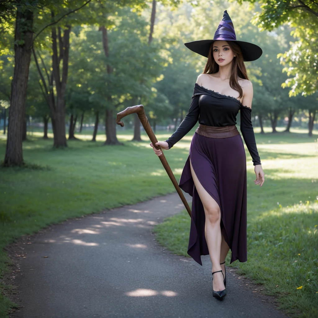 A woman wearing a classic witch's tunic, purple skirt, classic witch's hat, brown hair, long hair, brown eyes, large breasts, exposed shoulder, exposed thigh, voluptuous thigh, black heels, holding a magic staff, walking on a wooden sidewalk. concrete, wide view of a field with grass and some trees, fantasy aesthetics.UHD, masterpiece, accurate, anatomically correct, textured skin, super detail, high quality, best quality, 8k, high resolution, bokeh effect. (woman alone)
