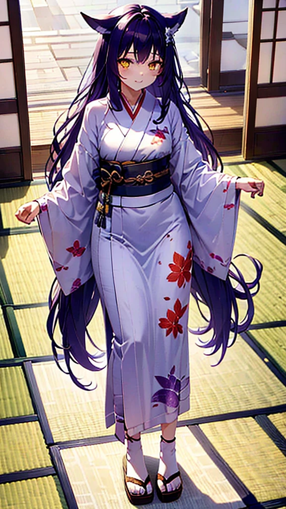 fenrir, ((purple hair)), (ears wolf,) white dress, standing, yellow eyes,  long hair, smile,  beautiful, masterpiece, upper_body, yukata. japanese clothes