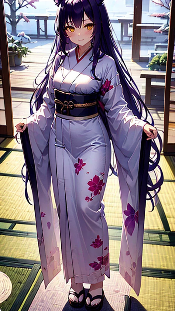 fenrir, ((purple hair)), (ears wolf,) white dress, standing, yellow eyes,  long hair, smile,  beautiful, masterpiece, upper_body, yukata. japanese clothes