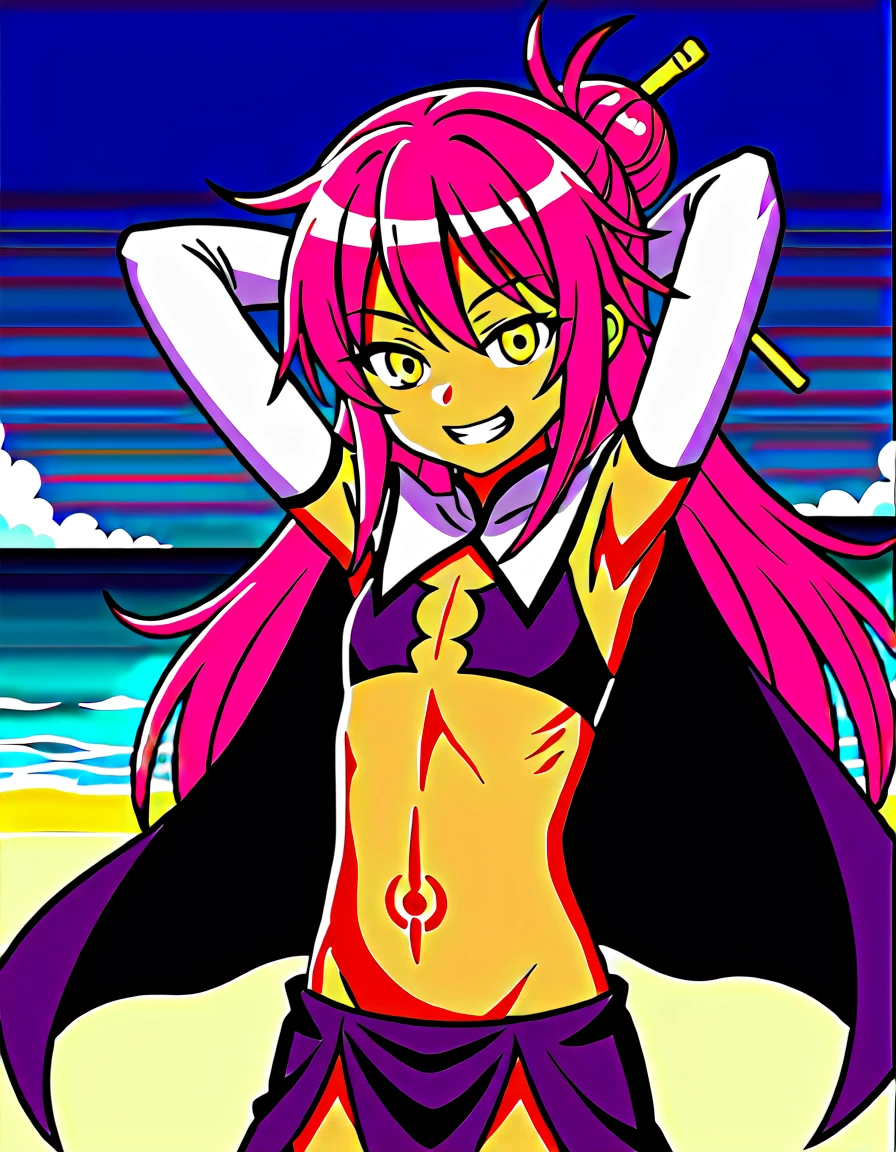 chloebase, pink hair, long hair, hair bun, hairpin, yellow eyes, dark skin, dark-skinned female, long sleeves, stomach tattoo, midriff, waist cape, 1girl, solo, younger, flat chest,
high quality, solo, night sky, beach, arms behind head, contrapposto, closed mouth, spread armpits, (cowboy shot:1.5), looking at viewer, grin, best quality, game cg, anime screencap, official art, masterpiece, best quality
