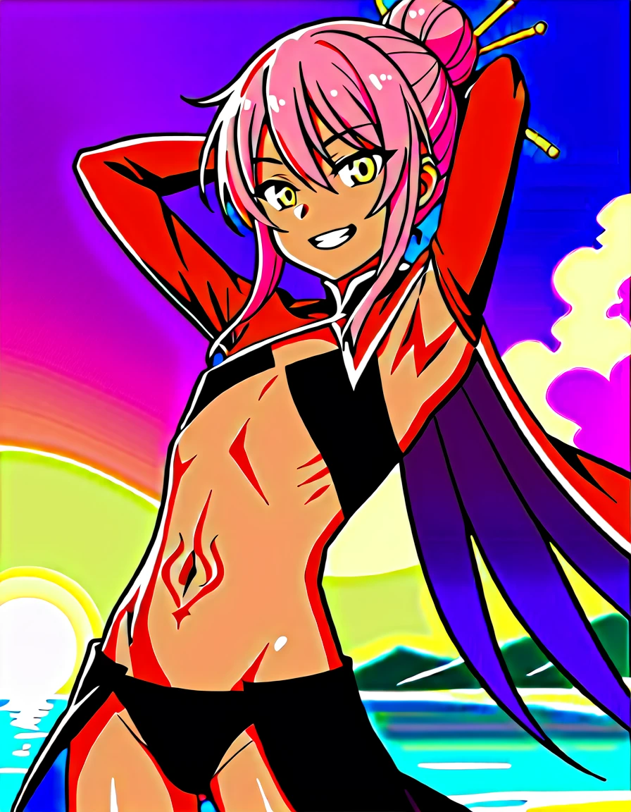 chloebase, pink hair, long hair, hair bun, hairpin, yellow eyes, dark skin, dark-skinned female, long sleeves, stomach tattoo, midriff, waist cape, 1girl, solo, younger, flat ,
high quality, solo, night sky, beach, arms behind head, contrapposto, closed mouth, spread armpits, (cowboy shot:1.5), looking at viewer, grin, best quality, game cg, anime screencap, official art, masterpiece, best quality
