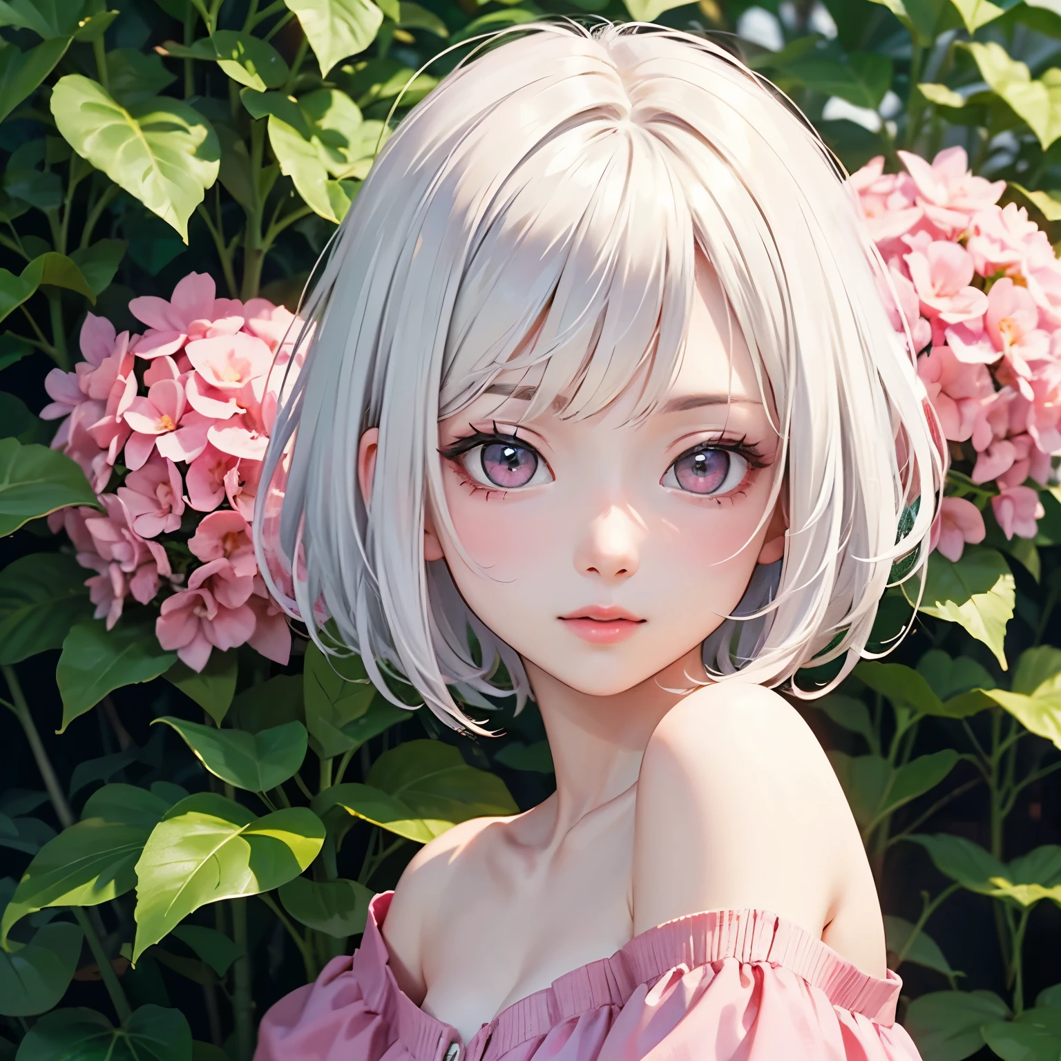 ((best quality)), ((masterpiece)), (detailed), perfect face. Asian girl. White hair. Short hair. Pink eyes. Off shoulder. Garden.