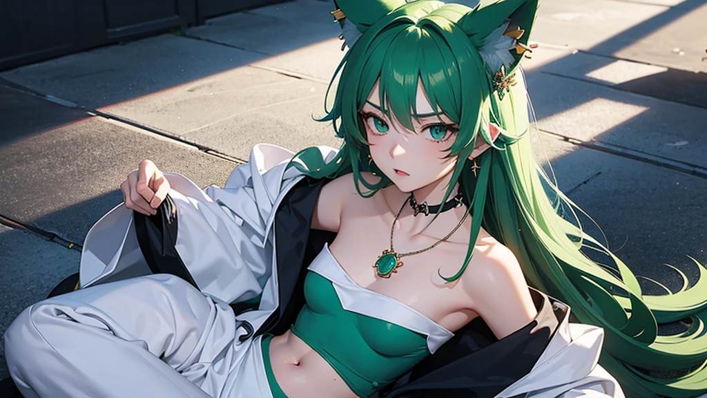 flat2D Anime Illustration。Emerald Punk Background。Ultra high definition。Enraged, he turns his face away。Lying on the floor。Off-the-shoulder clothing。Navel clothes。Beauty。Long white hair and fox ears。Big bust。Many earrings。Many necklaces。Many brooches。Many hair accessories。