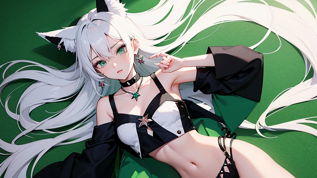 flat２D Anime Illustration。Emerald Punk Background。Ultra high definition。Enraged, he turns his face away。Lying on the floor。Off-the-shoulder clothing。Navel clothes。Beauty。Long white hair and fox ears。Big bust。Many earrings。Many necklaces。Many brooches。Many hair accessories。