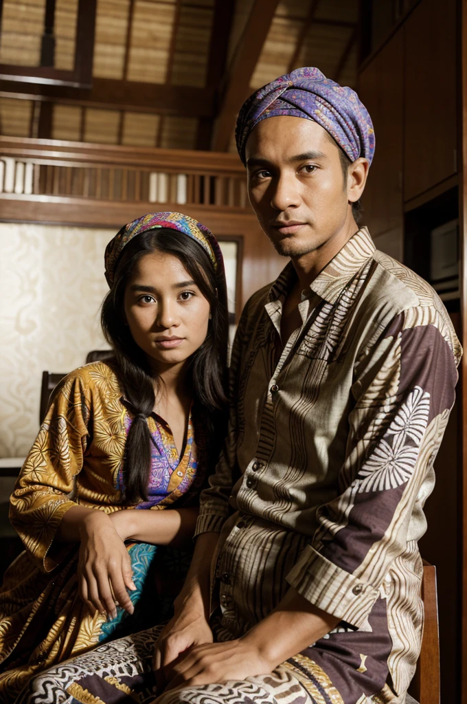 The man wears a black skullcap with glasses and a purple batik patterned shirt, next to him is a woman wearing a pink headscarf and pink robe wear glasses