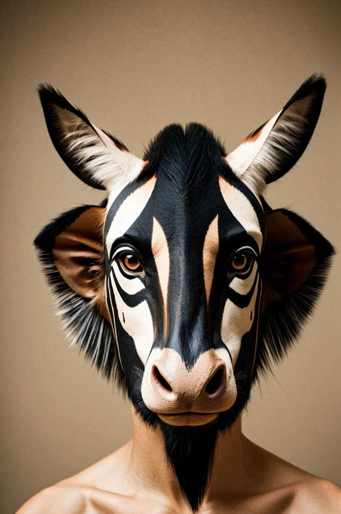 An illustrated manga style mask. It would be a mask with the intention of causing discomfort and concern to whoever sees it.. It must be an animal, un Okapi
