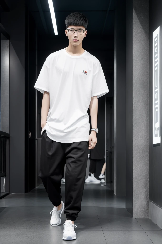 21 year old Beijing boy, he is wearing a oversize xxl white plain t-shirt, he is wearing black trousers, he is wearing sneakers, he is wearing glasses, city, full body,  he is buzz cut Hair, foot, walking, pool room 