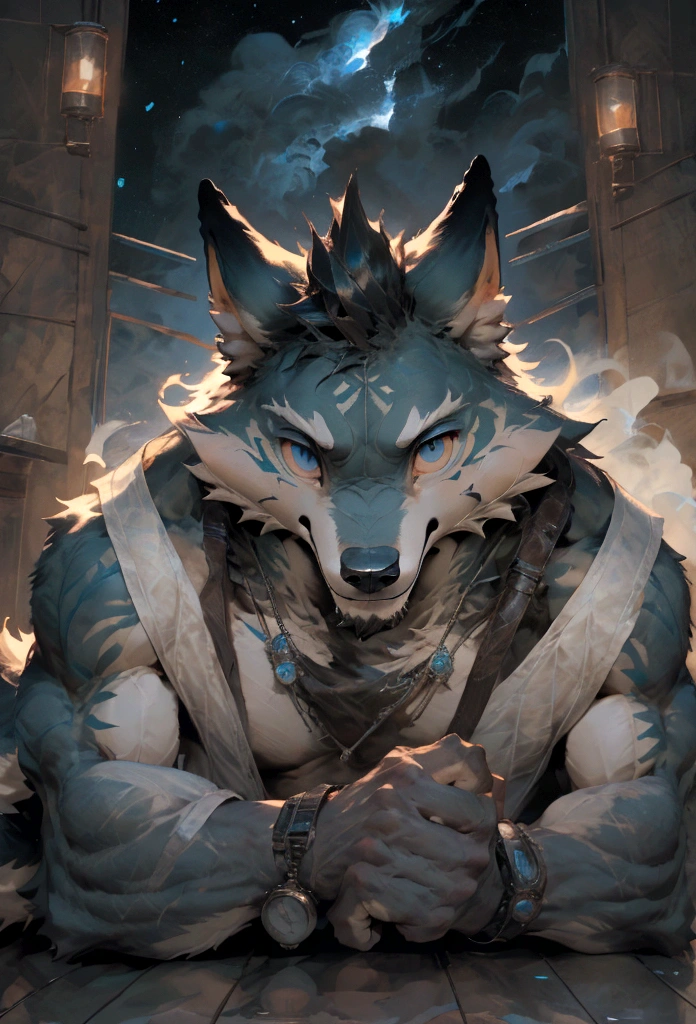 4K, high resolution, best qualityer, work of art, perfect colors, perfectly shadowed, perfect lighting, posted on e621, (by chunie), velues, anthropo, velues art, ((portraite)), male wolf, gray wolf, (two tone skin), hairy bodies, yellow eyes, (seducing gaze:1.2), shapely body, perfect male figure, Wear men's boxing pants,Abdomen,musculature,skin detailed, face detailed, face perfect, (Get up), detailed back ground, ((Bonifasko Lighting)), wolf tail, (detailedeyes), perfect pupils