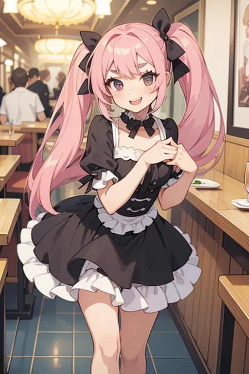 young girl with pink hair long twin-tail hairstyle, small thick eyebrows, with gothic lolita clothes,  (Zankuro) drawing style of the zankuro artist, Zancrow style, image uploaded to R34, walking in the mall, flirty smile , suddenly  in public,   , ((public  in restaurant))
