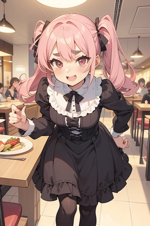 young girl with pink hair long twin-tail hairstyle, small thick eyebrows, with gothic lolita clothes, (Zankuro) drawing style of the zankuro artist, Zancrow style, image uploaded to R34, walking in the mall, flirty smile , suddenly in public, , ((public in restaurant))