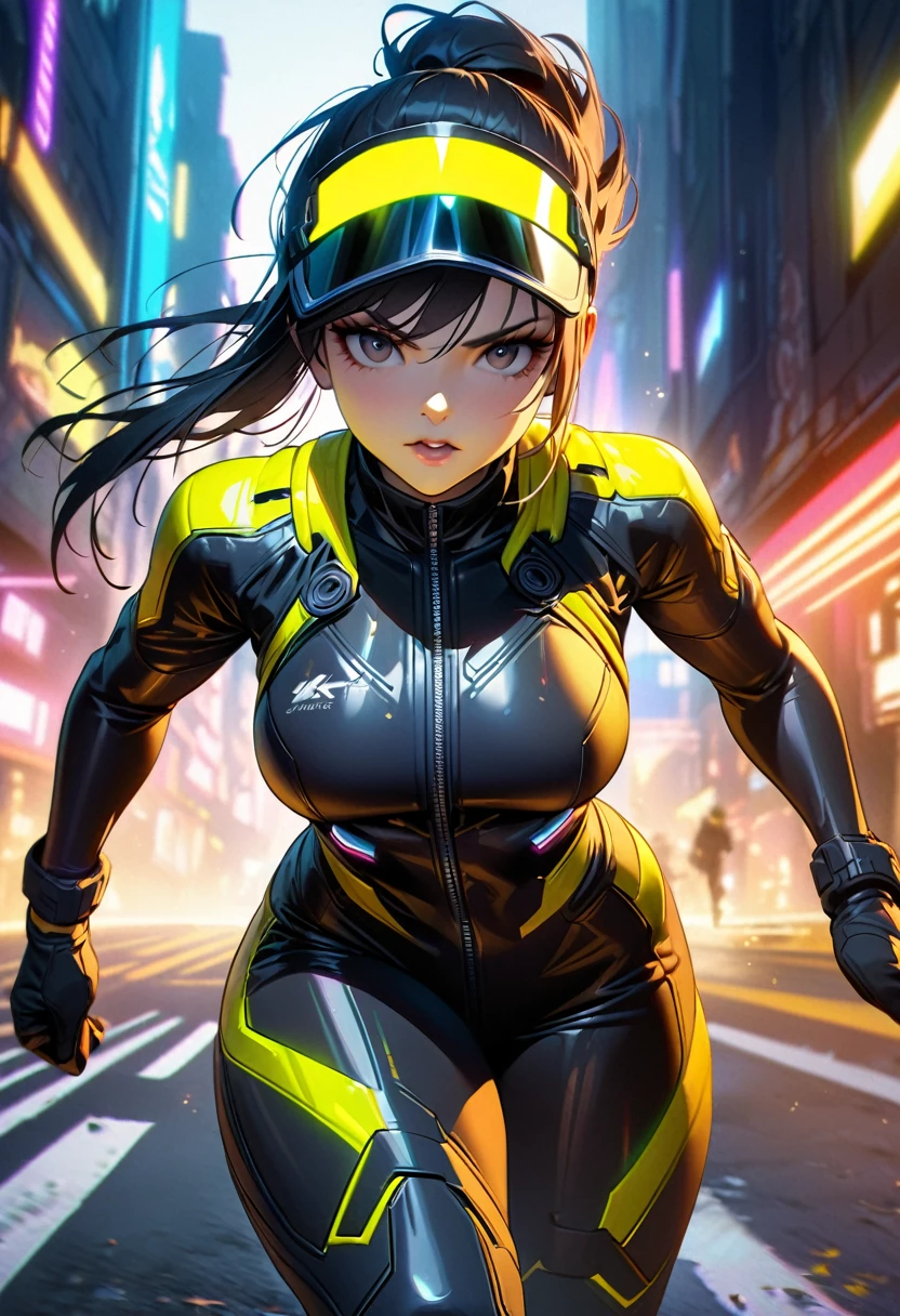 (yellow cyberpunk speed tactical suit:1) (1woman) dark theme :: focus on closeup face, serious face, cibetic visor, :: medium black hair, thick thighs :: ultra realistic futuristic speedster scifi cyberpunk athletic woman, black eyes, ((running in the middle of the street with yellow rays, cyberpunk, shadowrun, scifi high tech cyberpunk)) :: cool cyberpunk yellow speed combat suit :: natural lighting :: bokeh :: 8k ::  best quality :: masterpiece :: insanely detailed:1.5