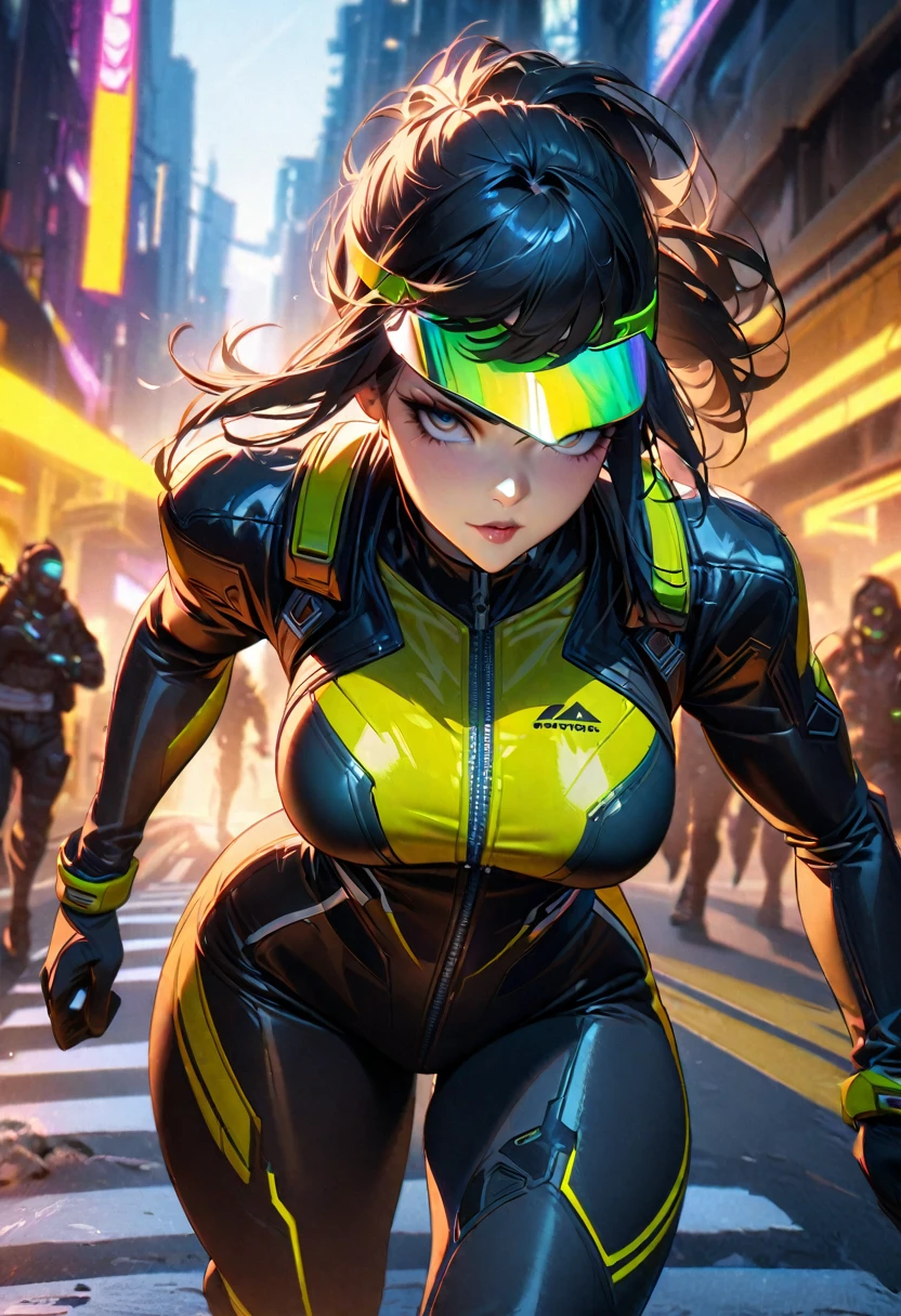 (yellow cyberpunk speed tactical suit:1) (1woman) dark theme :: focus on closeup face, serious face, cibetic visor, :: medium black hair, thick thighs :: ultra realistic futuristic speedster scifi cyberpunk athletic woman, black eyes, ((running in the middle of the street with yellow rays, cyberpunk, shadowrun, scifi high tech cyberpunk)) :: cool cyberpunk yellow speed combat suit :: natural lighting :: bokeh :: 8k ::  best quality :: masterpiece :: insanely detailed:1.5