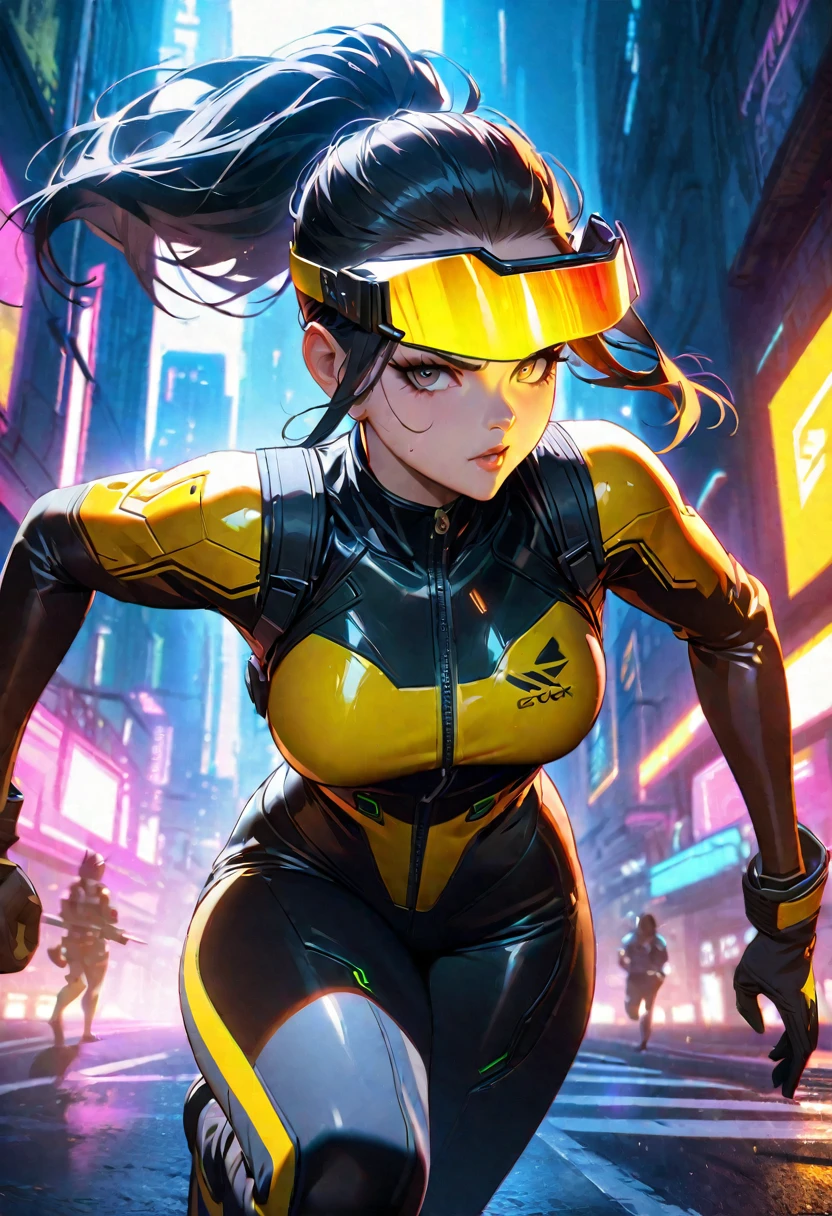 (yellow cyberpunk speed tactical suit:1) (1woman) dark theme :: focus on closeup face, serious face, cibetic visor, :: medium black hair, thick thighs :: ultra realistic futuristic speedster scifi cyberpunk athletic woman, black eyes, ((running in the middle of the street with yellow rays, cyberpunk, shadowrun, scifi high tech cyberpunk)) :: cool cyberpunk yellow speed combat suit :: natural lighting :: bokeh :: 8k ::  best quality :: masterpiece :: insanely detailed:1.5