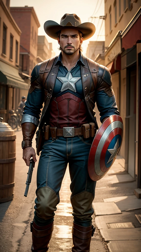 Captain America in Wild West style, wearing Cowboys lather clothes,holding a shield, Cowboys hat and bring a pistol, in cowboy city, cinematic, extreem realistic, extreem detailed, extreem Sharp, super high resolution image, best quality photo,