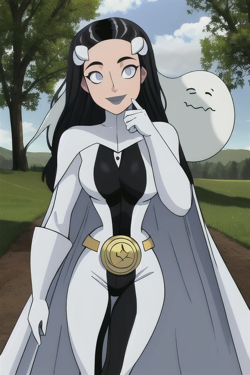 8k,highres,absurdres,masterpiece,best quality,original,extremely detailed CG,extremely detailed wallpaper,perfect, Phantom girl, Tinya Wazzo, solo, girl1, long black hair, bodysuit. grey eyes, smile, white hair ornament, ghost logo, grey lips, belt, white cape, white gloves, best quality, masterpiece, cowboy shot, park, forest 