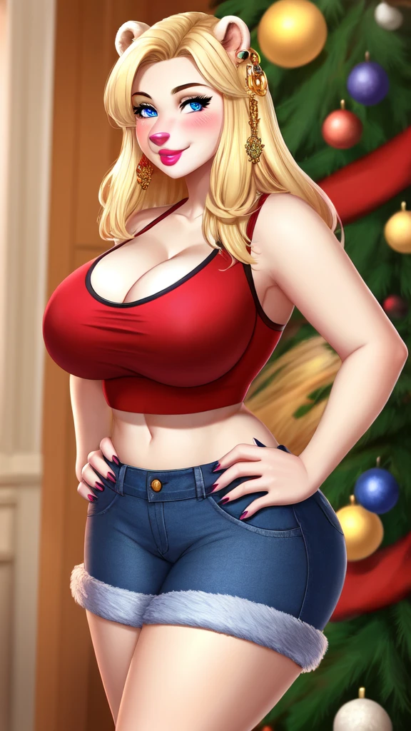 Blonde polar bear woman, wearing a Christmas crop top and jean shorts, perfect face, blue eyes, big breasts, cleavage, three-quarter view, solo, smile, perfect detailed body, pink lipstick, gold earring, hand on hips, blushing