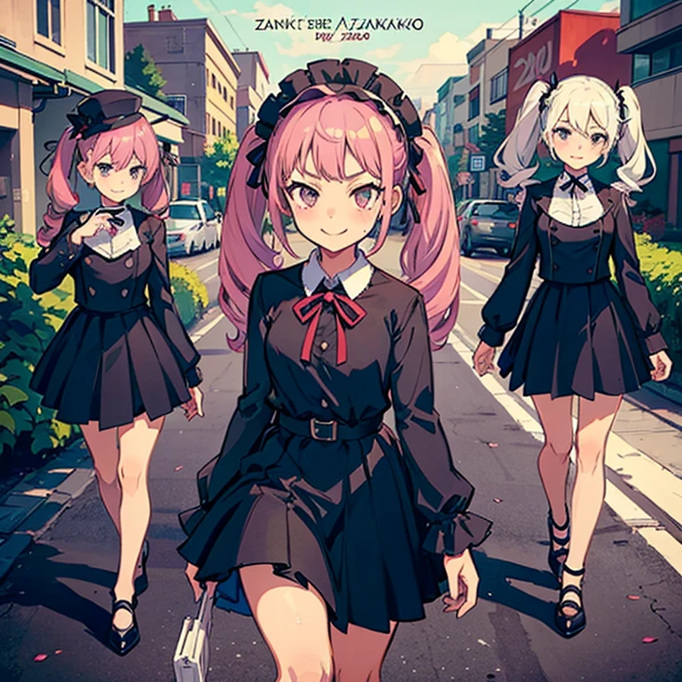 4 Girls with pink hair, long twintail hairstyle, small bushy eyebrows, wearing gothic ****ta clothing, ****con (Zankuro) drawing style by zankuro artist, Zancrow style, image uploaded to R34, walking to school, flirty smile, , lifting her skirt to show her vagina wet with semen