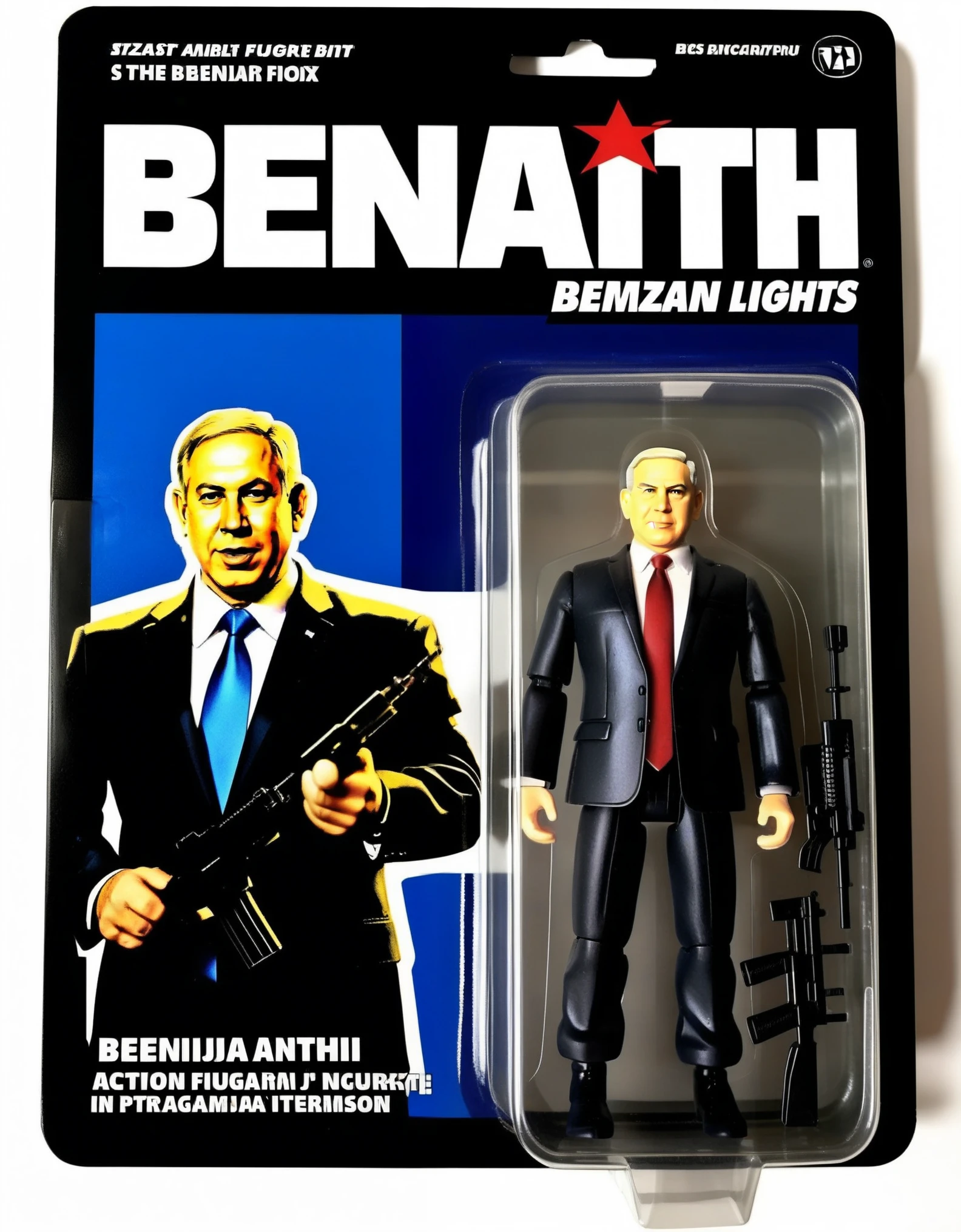 An action figure of Benjamin Netanyahu in a plastic box, resembling a photograph. The figure is in a Excitement in standing with a gun, wearing dark grey suits, The packaging displays Benjamin Netanyahu's dynamic in-life moments and his signature interpretation,