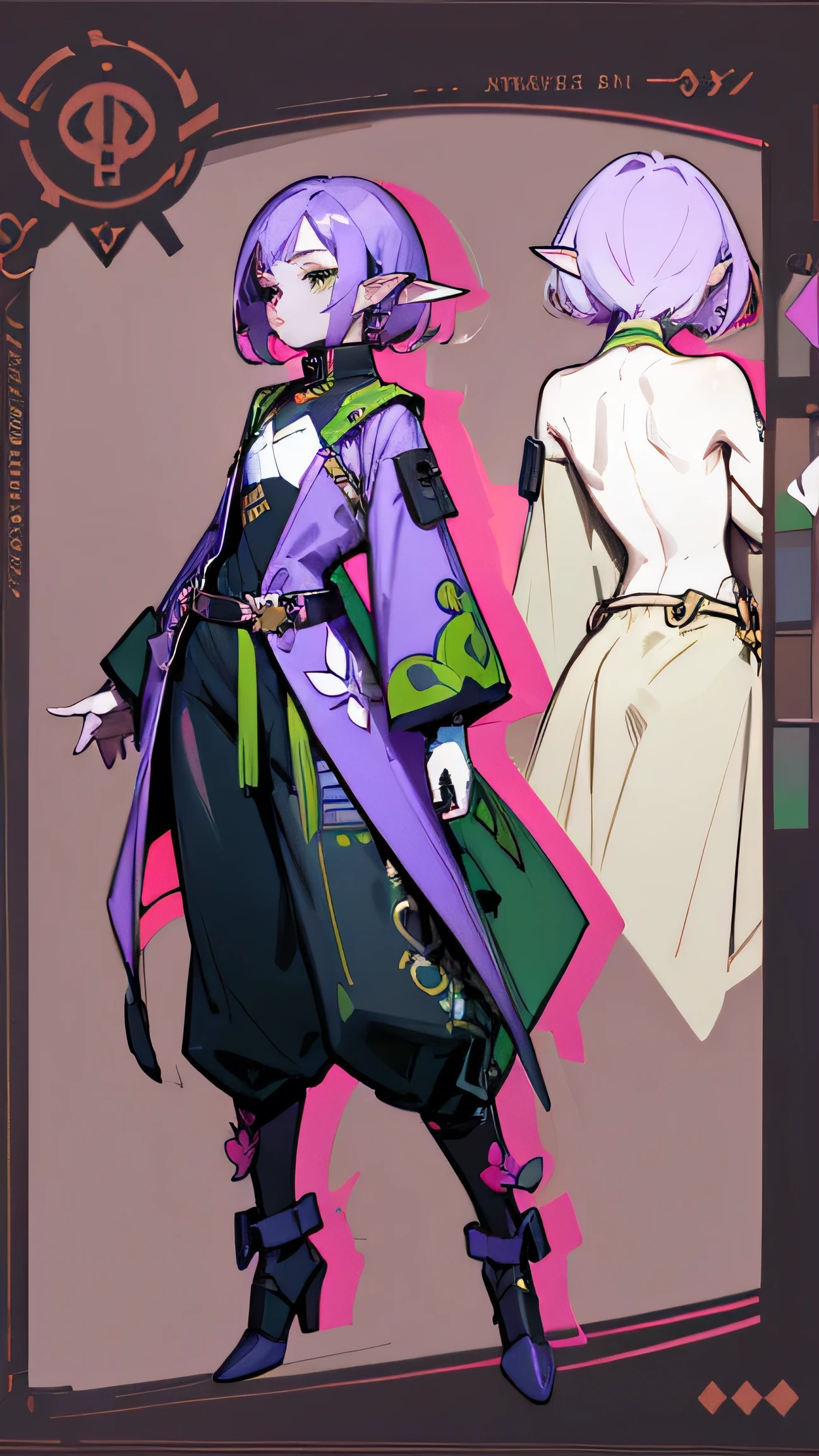 (Masterpiece, best quality), detailed, 1 woman, ((character concept art)), ((character design sheet, same character, front, side, back)), full body, body complete, 1 female, 1 women. Detailed face, character design sheet，full body, Highly detailed, character sheet, character design, Many parts, pale skin, elf ears, green eyes, short purple hair, lavander flower reference, male clothes, flat chest, Solarpunk, Solarpunk reference, Solarpunk based outfit, pants.