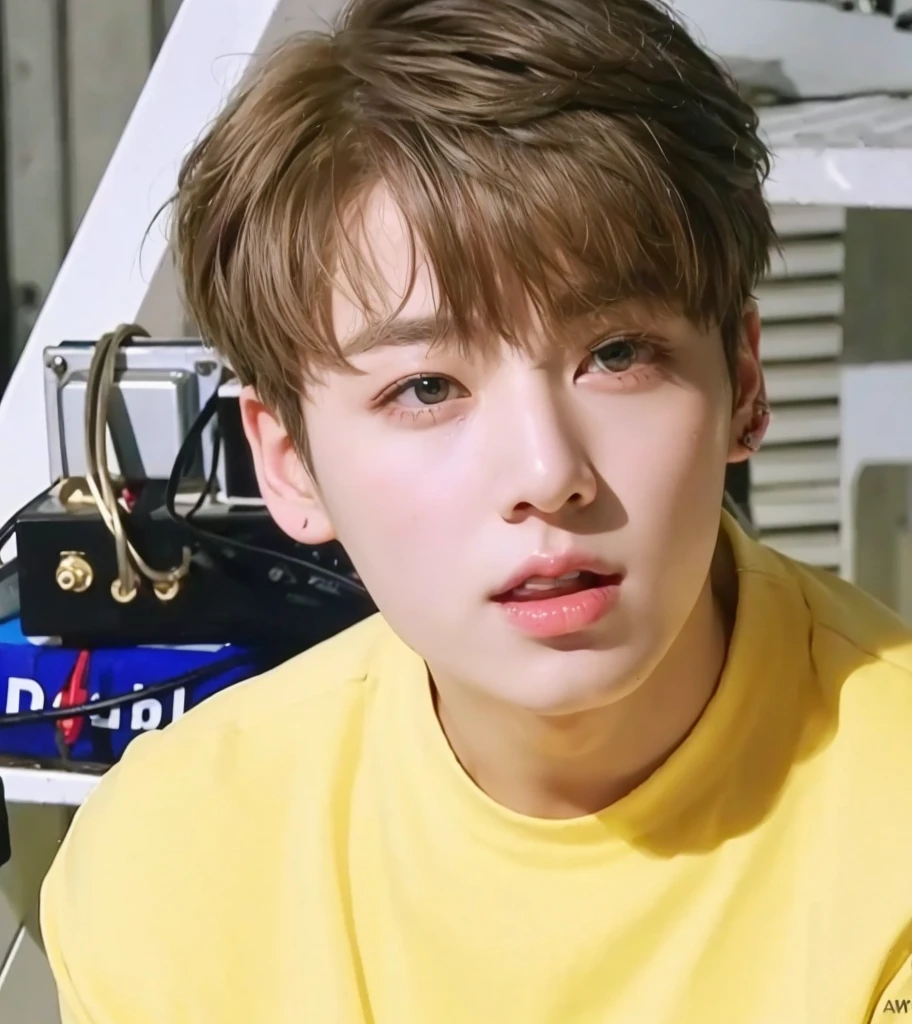 Kpop boy, Jeon Jungkook, smooth skin, big eyes, beautiful lips.